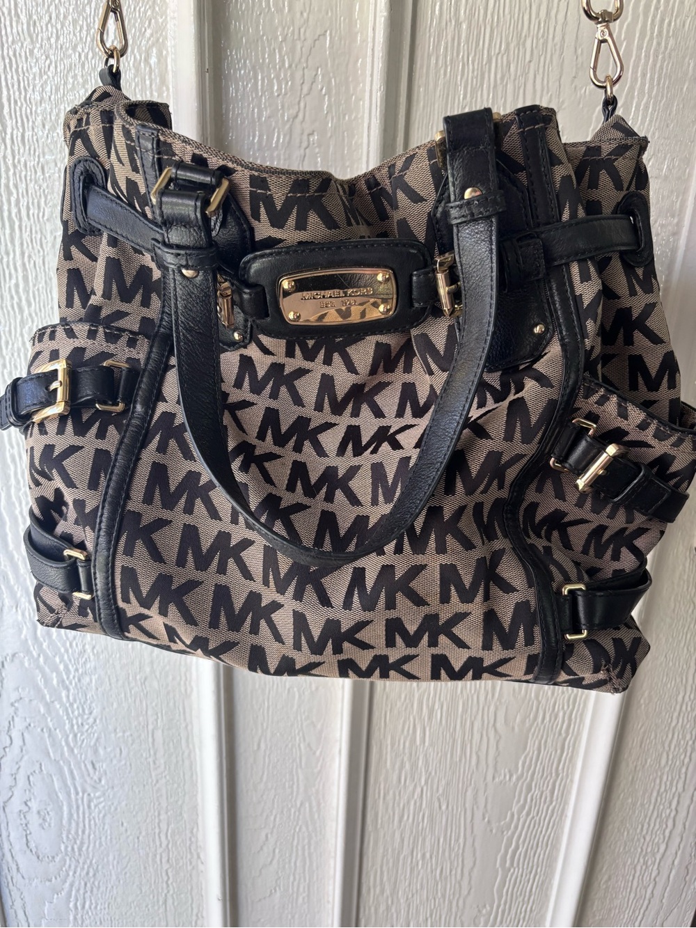 Michael Kors Brown and Black MK Logo Tote with Gold Hardware